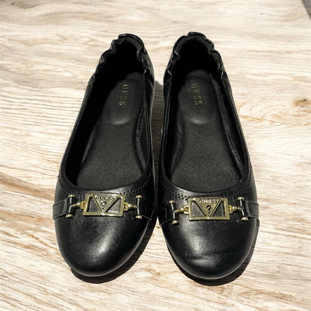 GUESS Factory Kingly Buckle Ballet Black Flats with Gold Accents